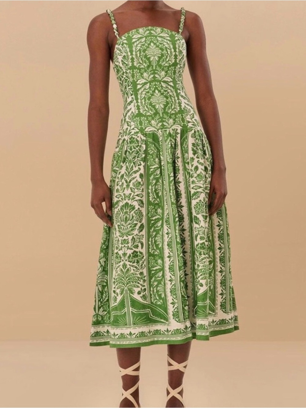 Farm Rio Green Floral Delhi Tapestry Beaded Straps Midi Dress